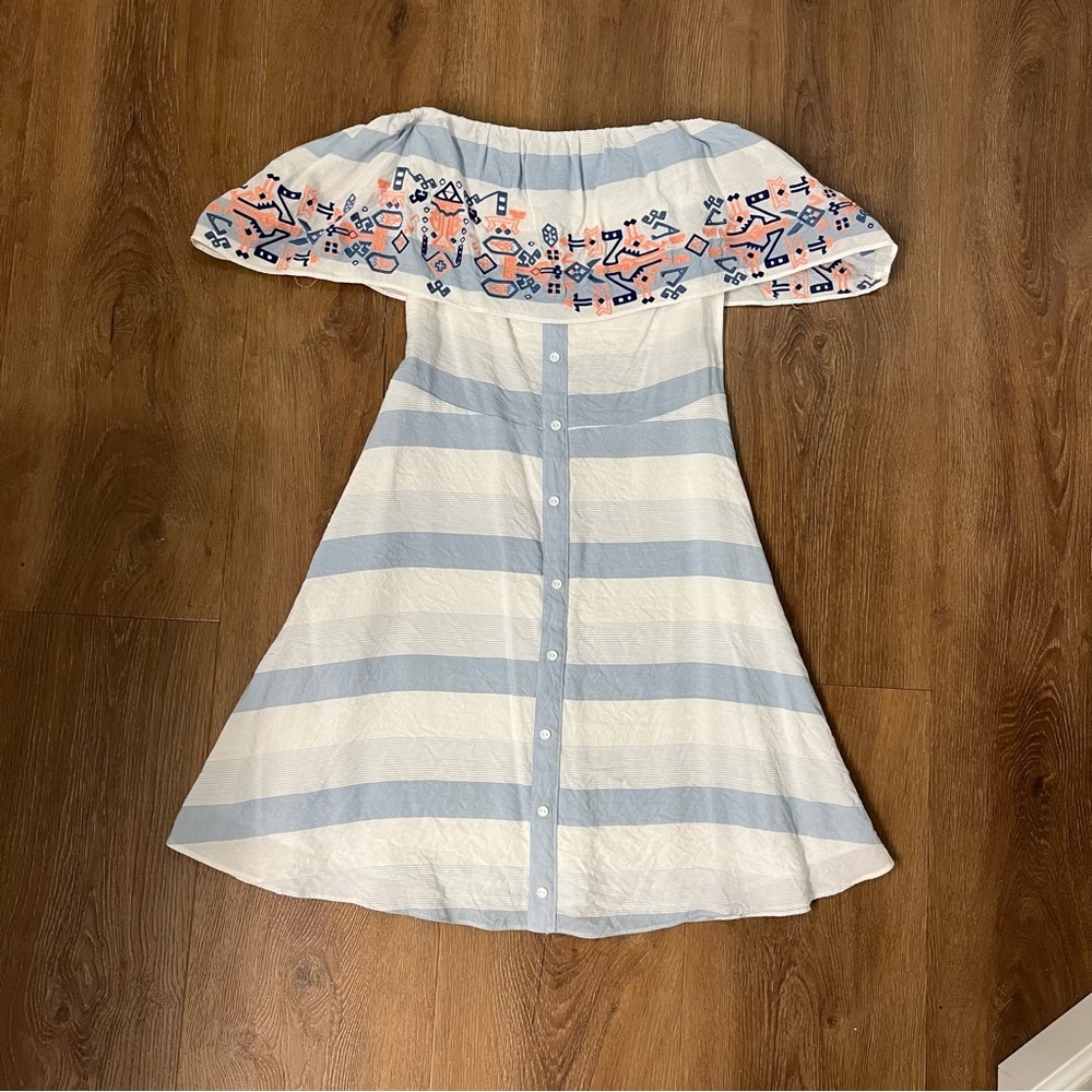 Sugarlips Off the Shoulder Striped Dress with Navy Coral Embroidery